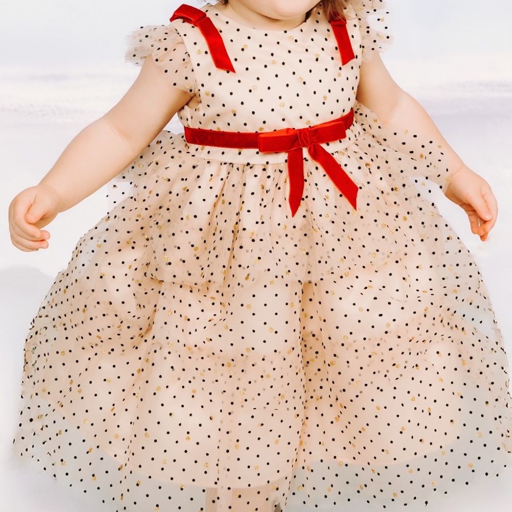 Blueberi Boulevard Cream Dress with Black and Gold Dots Red Velvet Bows 18M